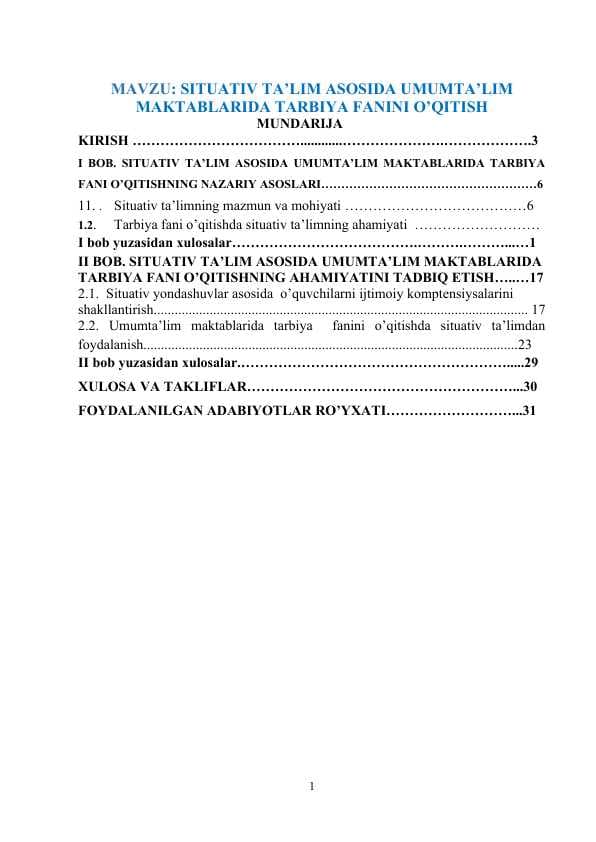 SITUATIV TA’LIM ASOSIDA UMUMTA’LIM MAKTABLARIDA TARBIYA FANINI O’QITISH