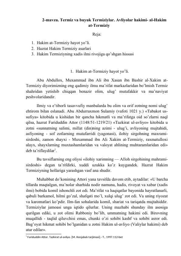 Termiz va buyuk Termiziylar. Avliyolar hakimi- al-Hakim at-Termiziy
