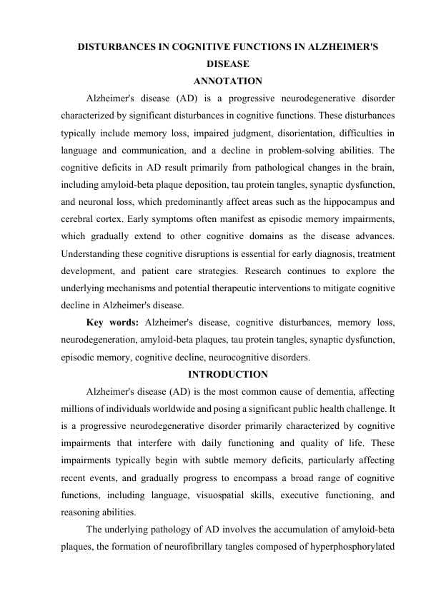DISTURBANCES IN COGNITIVE FUNCTIONS IN ALZHEIMER'S DISEASE