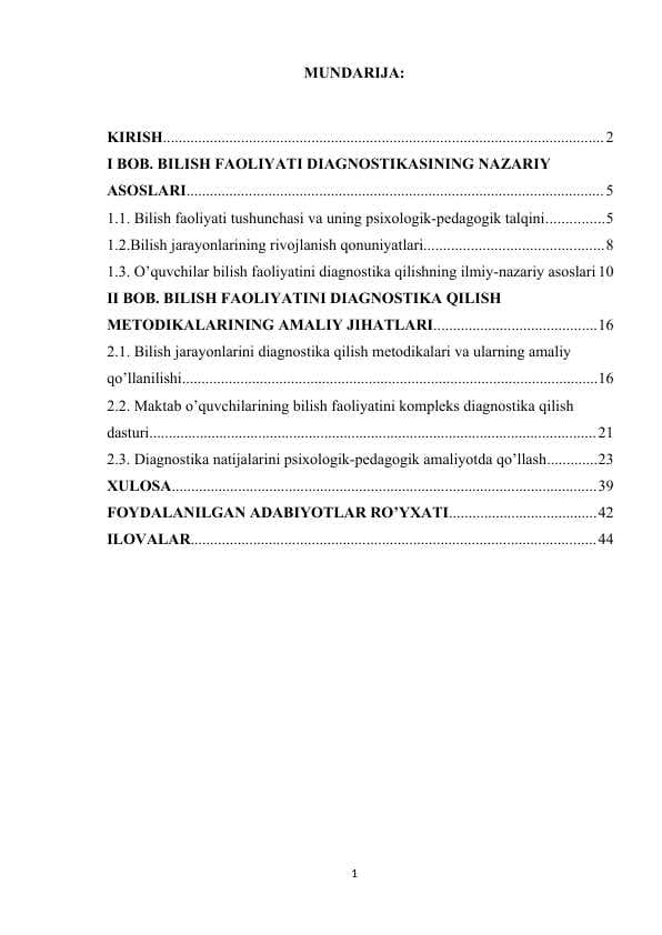 Bilish faoliyatini diagnostika qilish  metodikalari