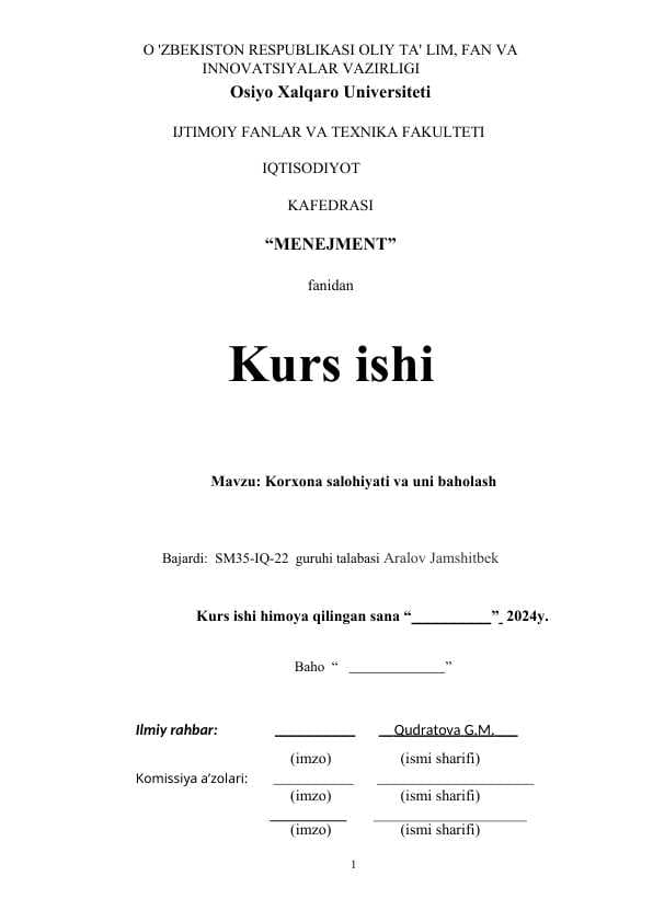 Korxona salohiyati va uni baholash.docx kurs ishi