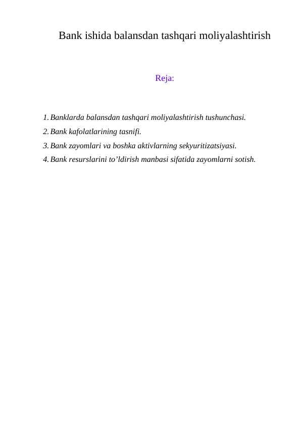Bank ishida balansdan tashqari moliyalashtirish