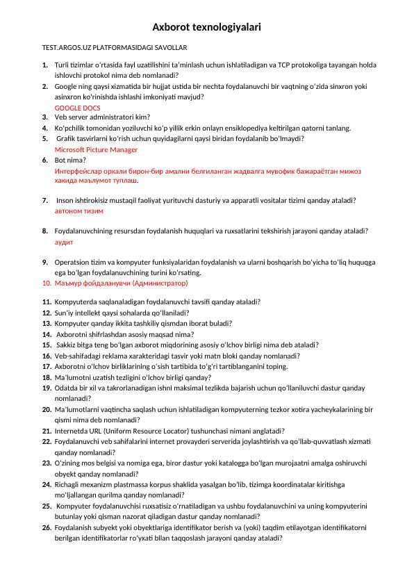 Test. Argos. Uz platformasidagi savollar