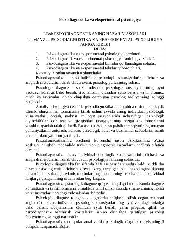 Psixodiagnostika va eksperimental psixologiya