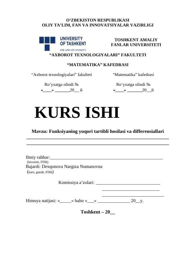 Funksiyaning yuqori tartibli hosilasi va differensiallari
