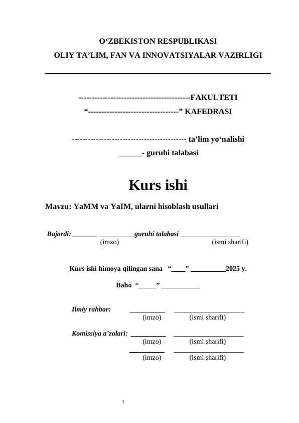 YaMM va YaIM, ularni hisoblash usullari kurs ishi
