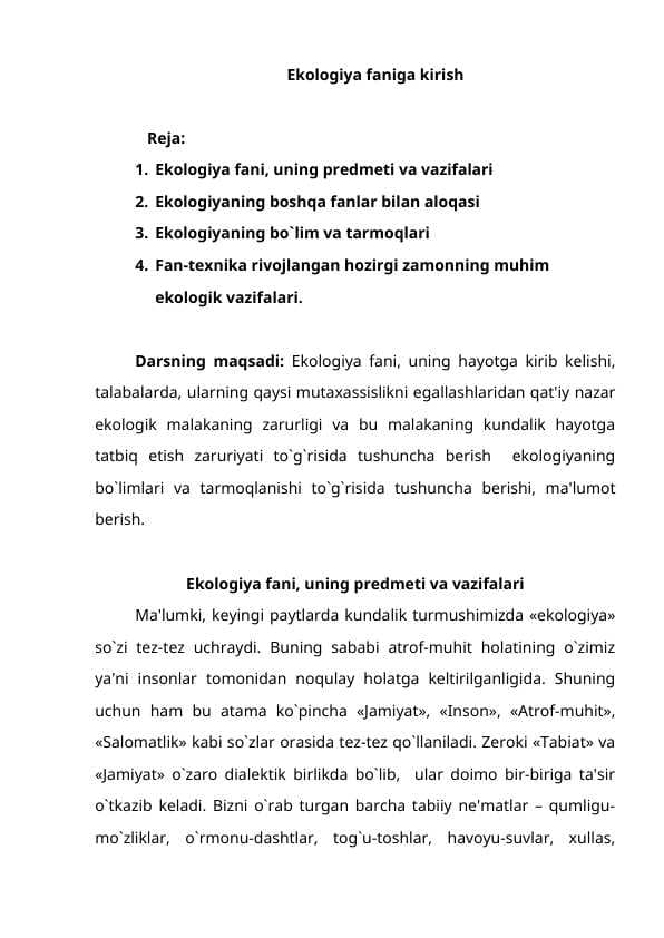 Ekologiya faniga kirish