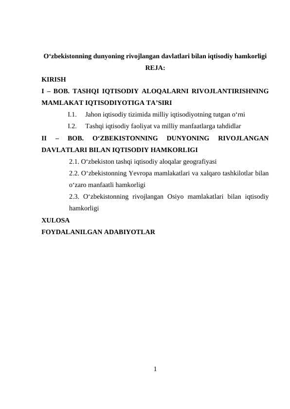 O‘zbekistonning dunyoning rivojlangan davlatlari bilan iqtisodiy hamkorligi