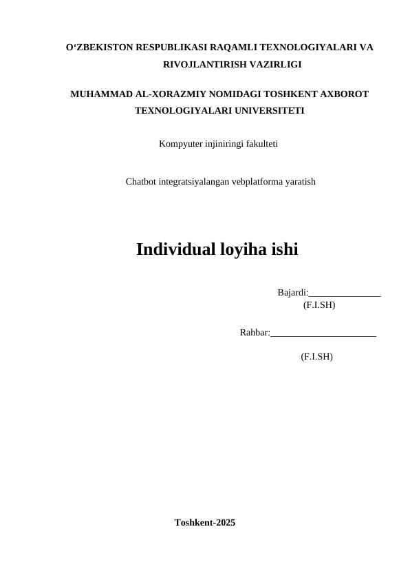Chatbot integratsiyalangan vebplatforma yaratish individual loyiha