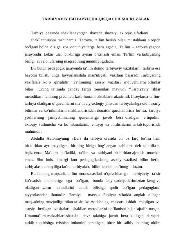 TARBIYAVIY ISH BO'YICHA QISQACHA MA'RUZALAR