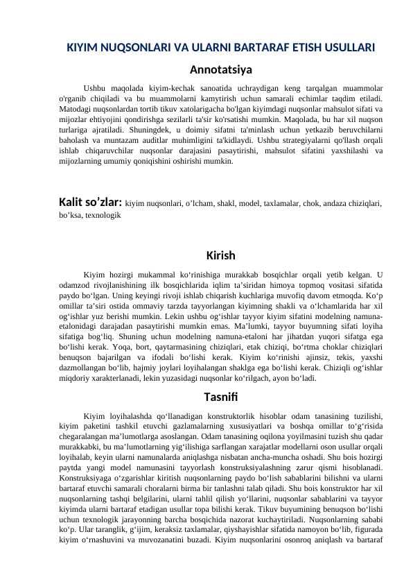 KIYIM NUQSONLARI VA ULARNI BARTARAF ETISH USULLARI