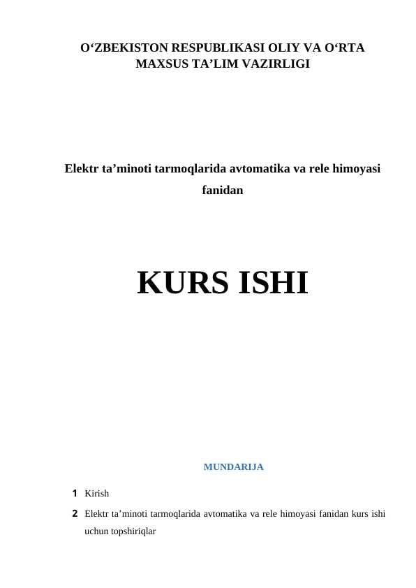 Elektr ta’minoti tarmoqlarida avtomatika va rele himoyasi fanidan