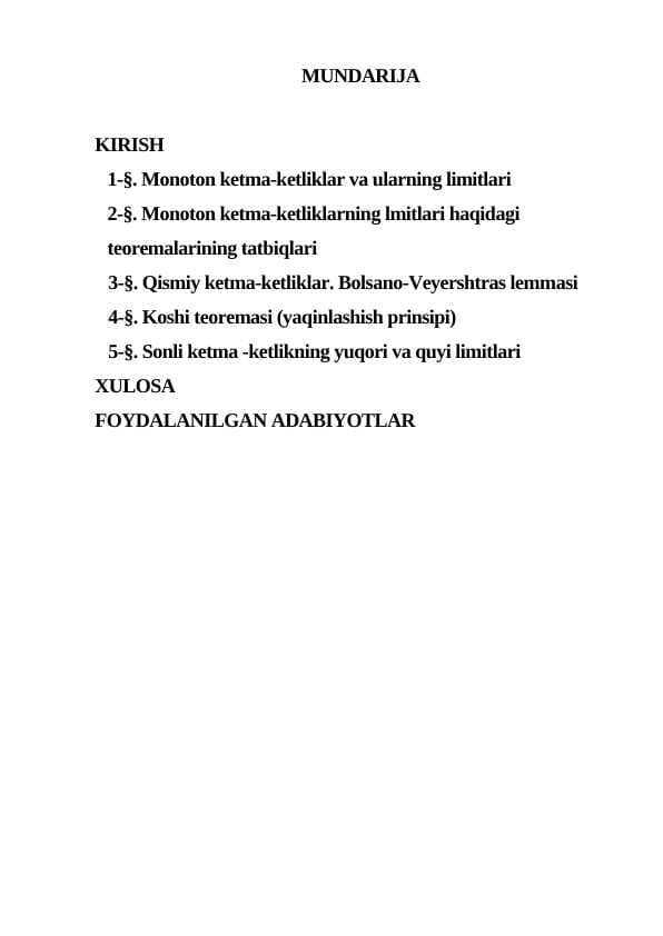 Monoton ketma ketlik va uning limitlari, tatbiqlari  kurs ishi