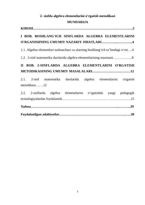 2  sinfda algebra elementlarini o‘rgatish metodikasi