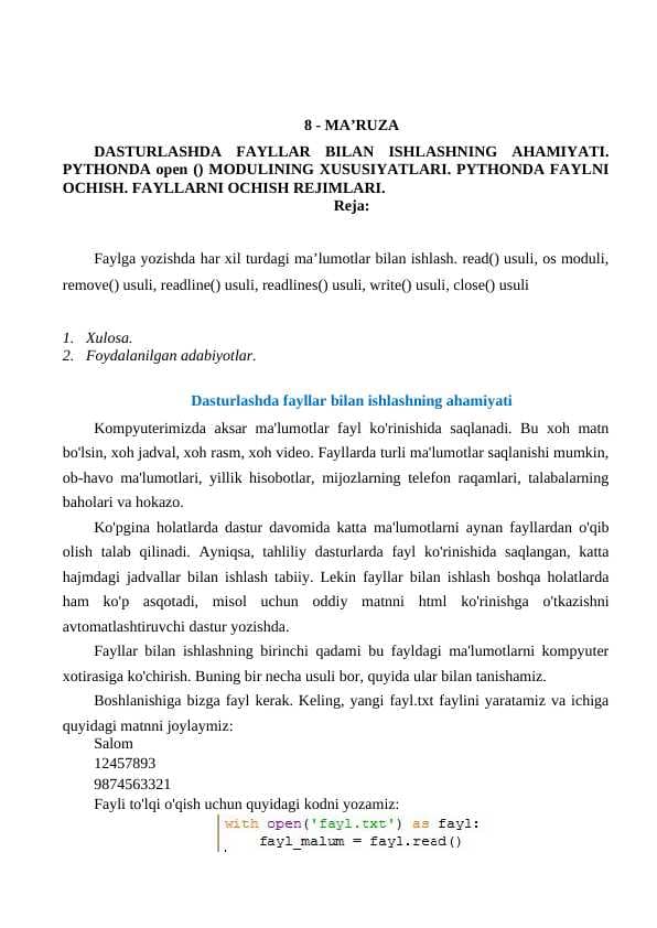 8 Ma'ruza DASTURLASHDA FAYLLAR BILAN ISHLASHNING AHAMIYATI