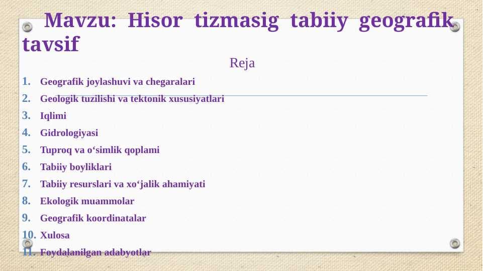 Hisor tizmasig tabiiy geografik tavsif