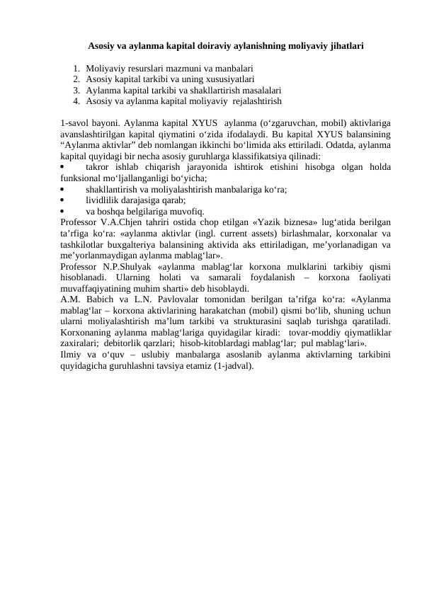 Asosiy va aylanma kapital doiraviy aylanishning moliyaviy jihatlari