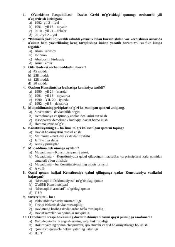 9-Sinf Huquq test savollari