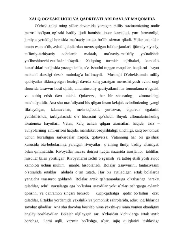 XALQ OG‘ZAKI IJODI VA QADRIYATLARI DAVLAT MAQOMIDA