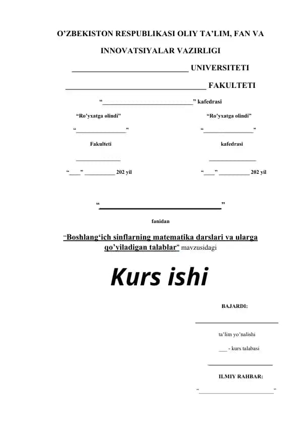 Boshlang’ich sinflarning matematika darslari va ularga qo’yiladigan talablar