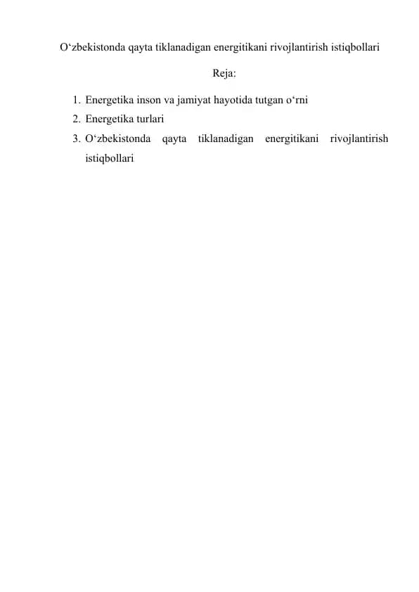O‘zbekistonda qayta tiklanadigan energitikani rivojlantirish istiqbollari