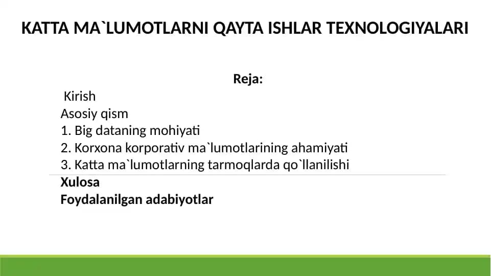 Katta Ma'lumotlarni Qayta Ishlar Texnologiyalari
