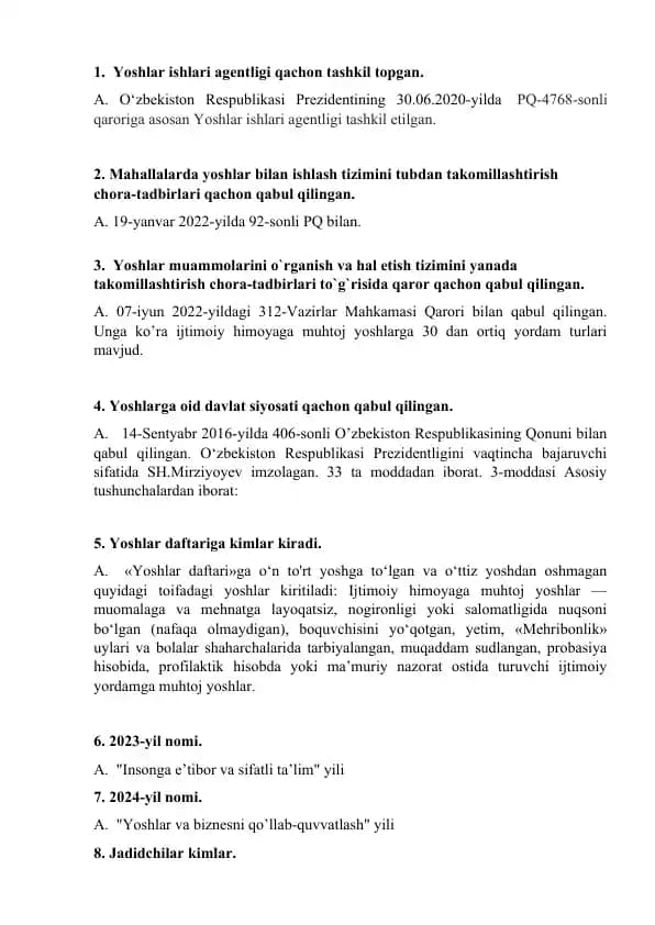 Yoshlar yetakchiligiga suhbat savollari. Javoblari bilan