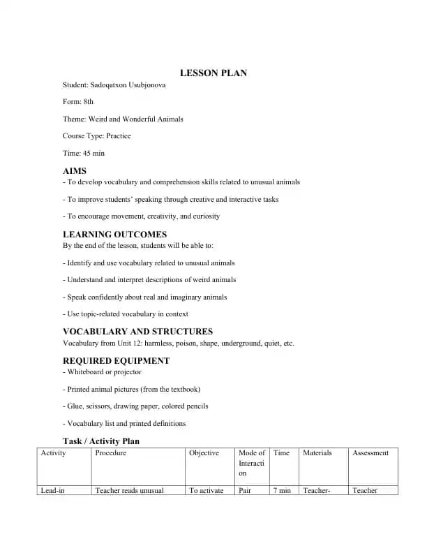 Weird and Wonderful Animals lesson plan