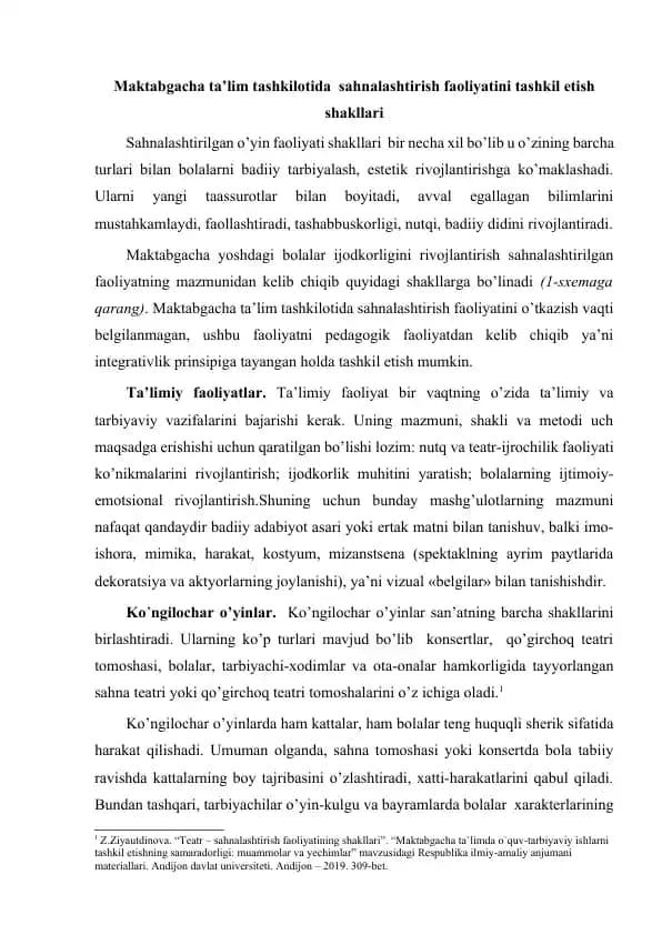 Maktabgacha ta’lim tashkilotida sahnalashtirish faoliyatini tashkil etish shakllari