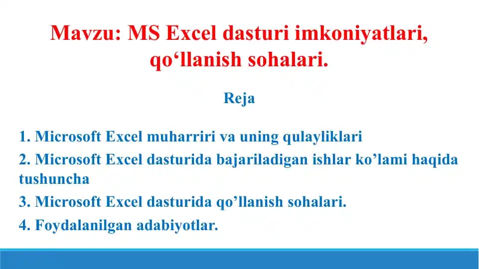 MS Excel dasturi imkoniyatlari, qo‘llanish sohalari. Taqdimot 12 bet.