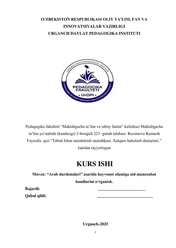 "Tabiat bilan tanishtirish metodikasi. Xalqaro baholash dasturlari."