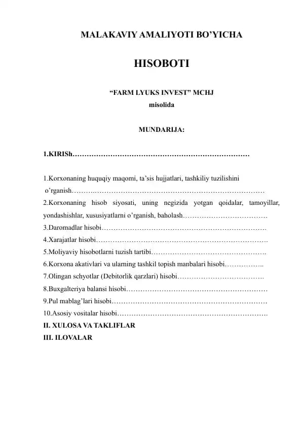 MALAKAVIY AMALIYOTI BO’YICHA HISOBOTI