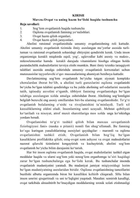 Ovqat va uning hazm bo‘lishi haqida tushuncha