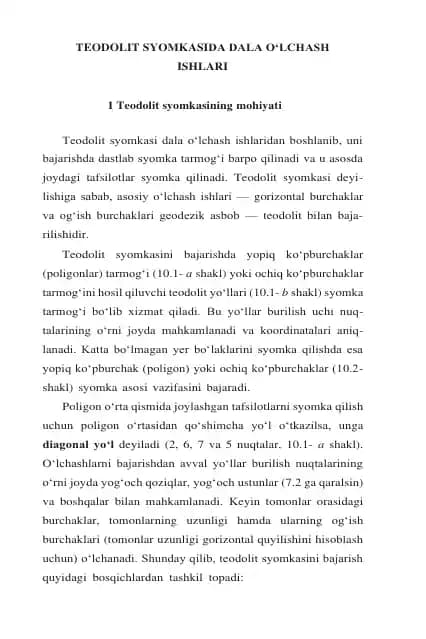 TEODOLIT SYOMKASIDA DALA  O‘LCHASH ISHLARI