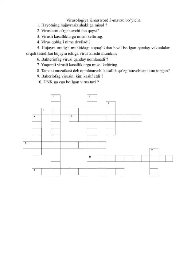Virusologiya Krossword 3-mavzu bo’yicha
