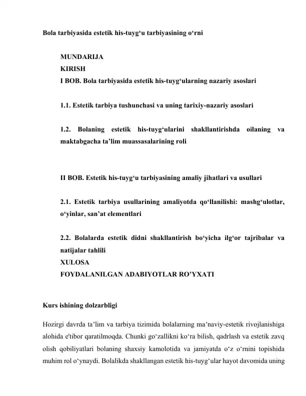 Bola tarbiyasida estetik his-tuyg‘u tarbiyasining o‘rni