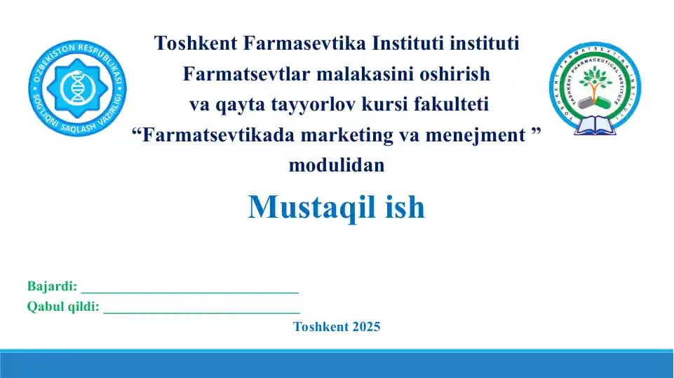 Farmatsevtik tashkilotlarini boshqaruv tizimida xalqaro standartlar (GMP,  GLP, GCP, GLP, GDP, GPP, GSP VA ISO) haqida tushuncha va uning ahamiyati. Taqdimot 17 bet.