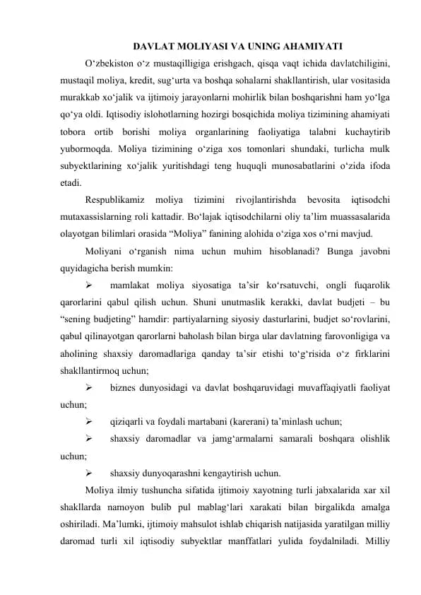 Davlat moliyasi va uning ahmiyati
