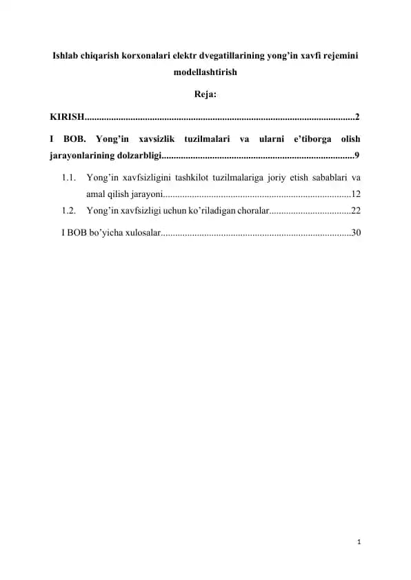 Ishlab chiqarish korxonalari elektr dvigatillarining yong’in xavfi rejimini modellashtirish