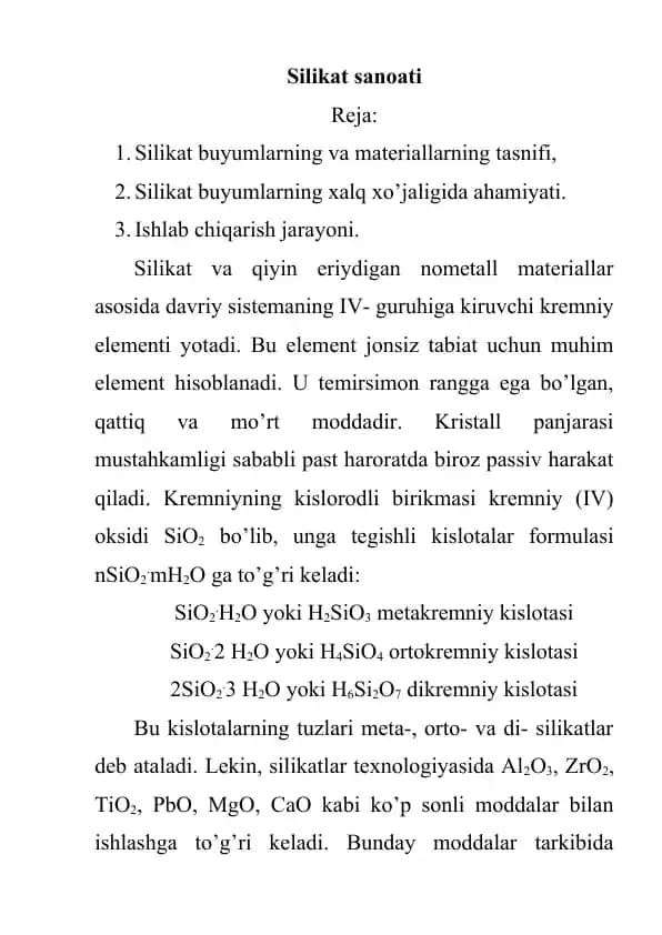 Silikat buyumlarning va materiallarning tasnifi
