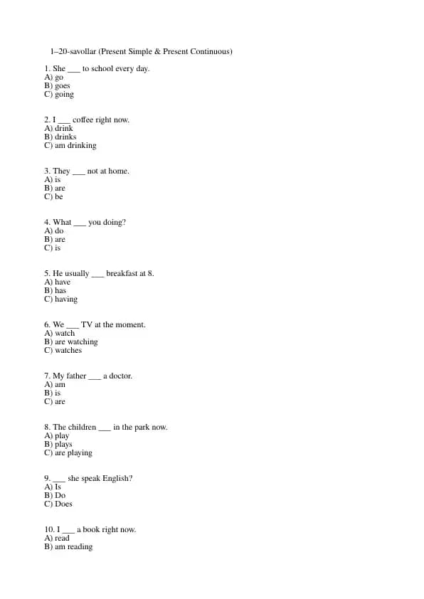 English Grammar Practice Questions: Present, Past, Future Tenses
