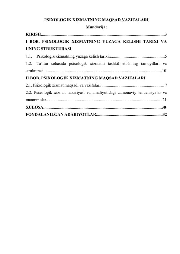 Psixologik xizmatning maqsad vazifalari