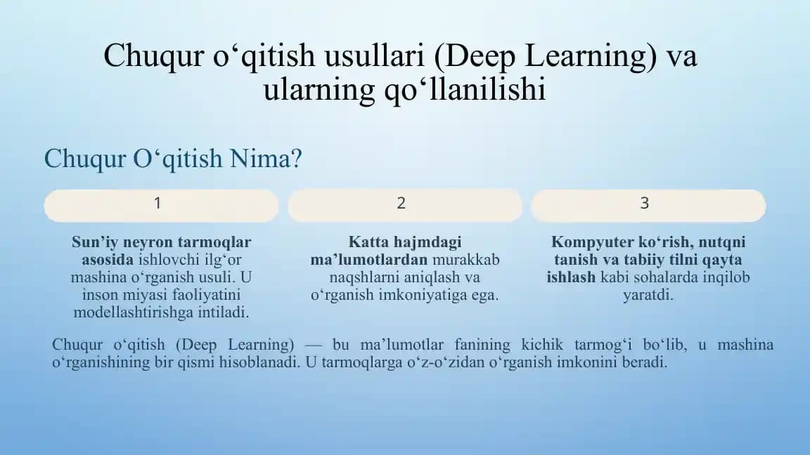 Chuqur o‘qitish usullari (Deep Learning) va ularning qo‘llanilishi.