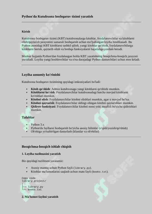 Kutubxona proyektini qilish bo'yicha yo'riqnoma | to'liq python tilida