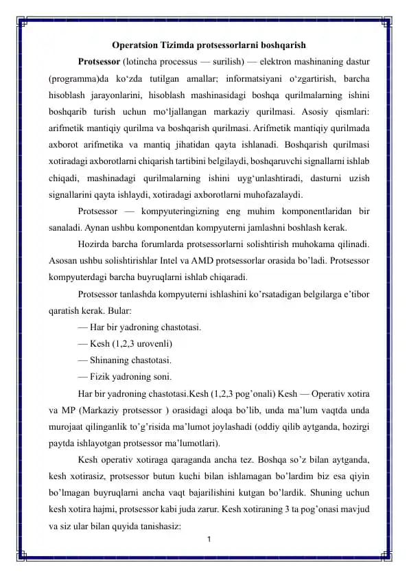 Operatsion Tizimda protsessorlarni boshqarish