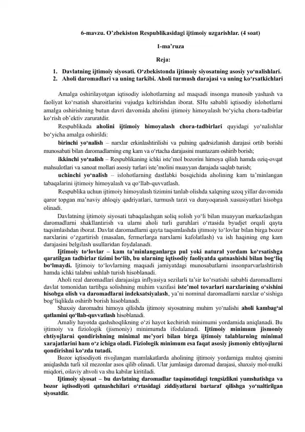 O’zbekiston Respublikasidagi ijtimoiy uzgarishlar