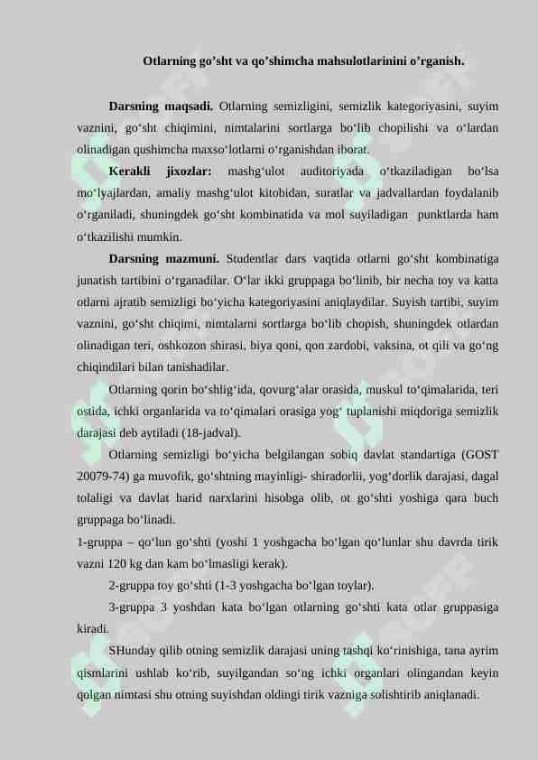 Otlarning go’sht va qo’shimcha mahsulotlarinini o’rganish