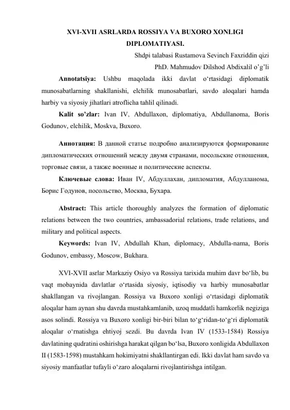 XVI-XVII ASRLARDA ROSSIYA VA BUXORO XONLIGI DIPLOMATIYASI