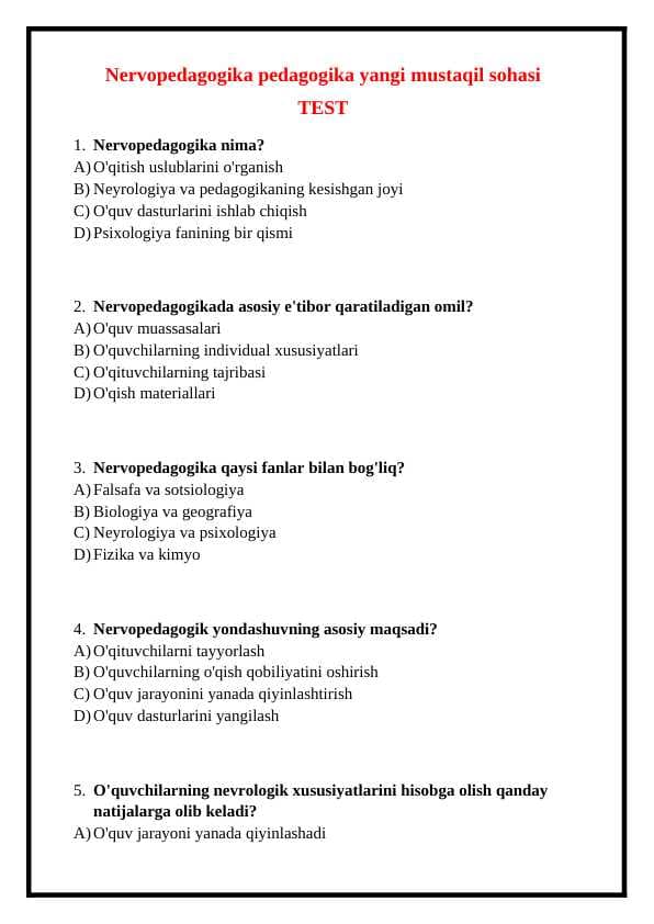 Nervopedagogika pedagogika yangi mustaqil sohasi (TEST)