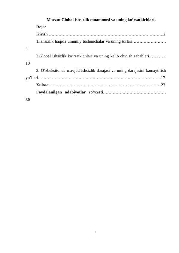 Global ishsizlik muammosi va uning ko’rsatkichlari